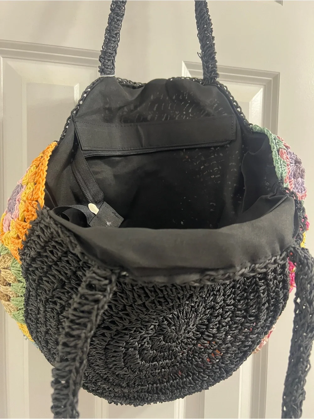 Bohemian NWT Mandolin Black Straw Round Tote with Multicolor Accents